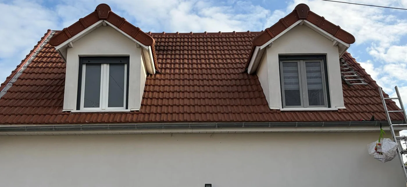 Deux lucarnes sur une toiture en tuiles, avec échelles d’intervention.