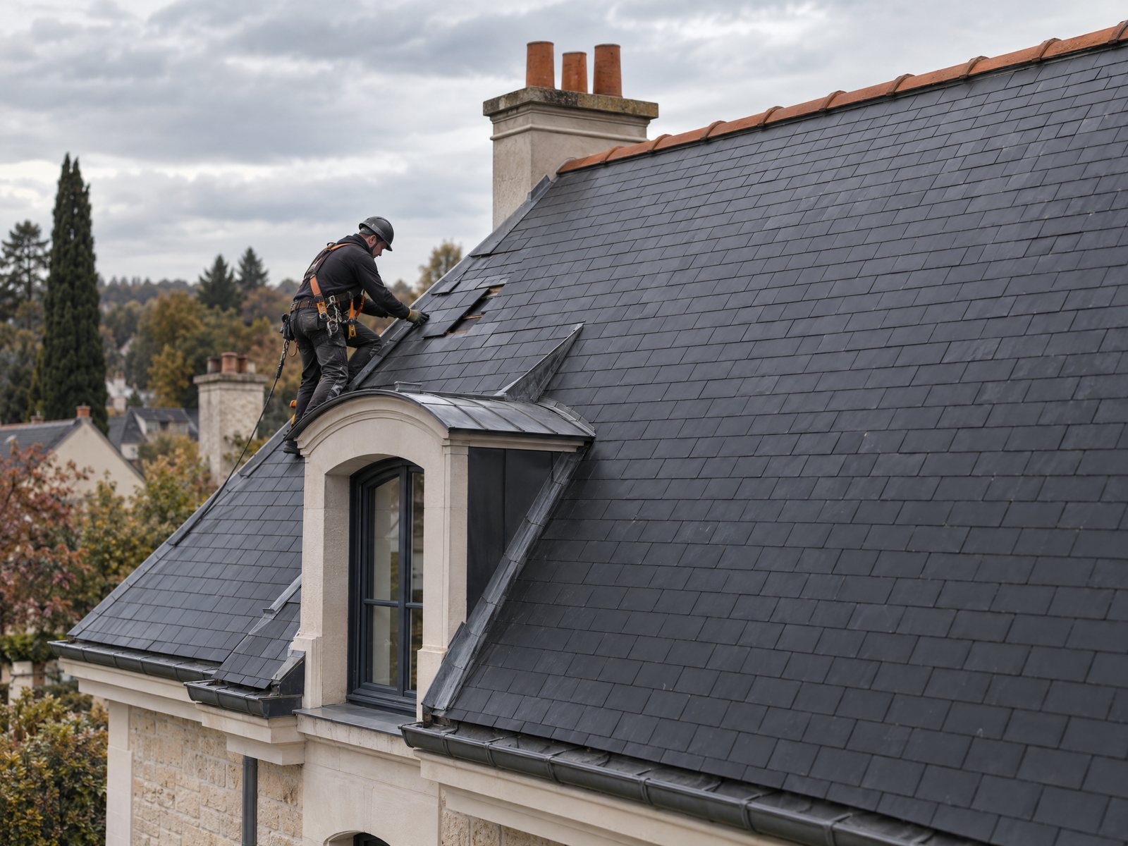 Couvreur équipé intervenant sur une toiture en ardoise