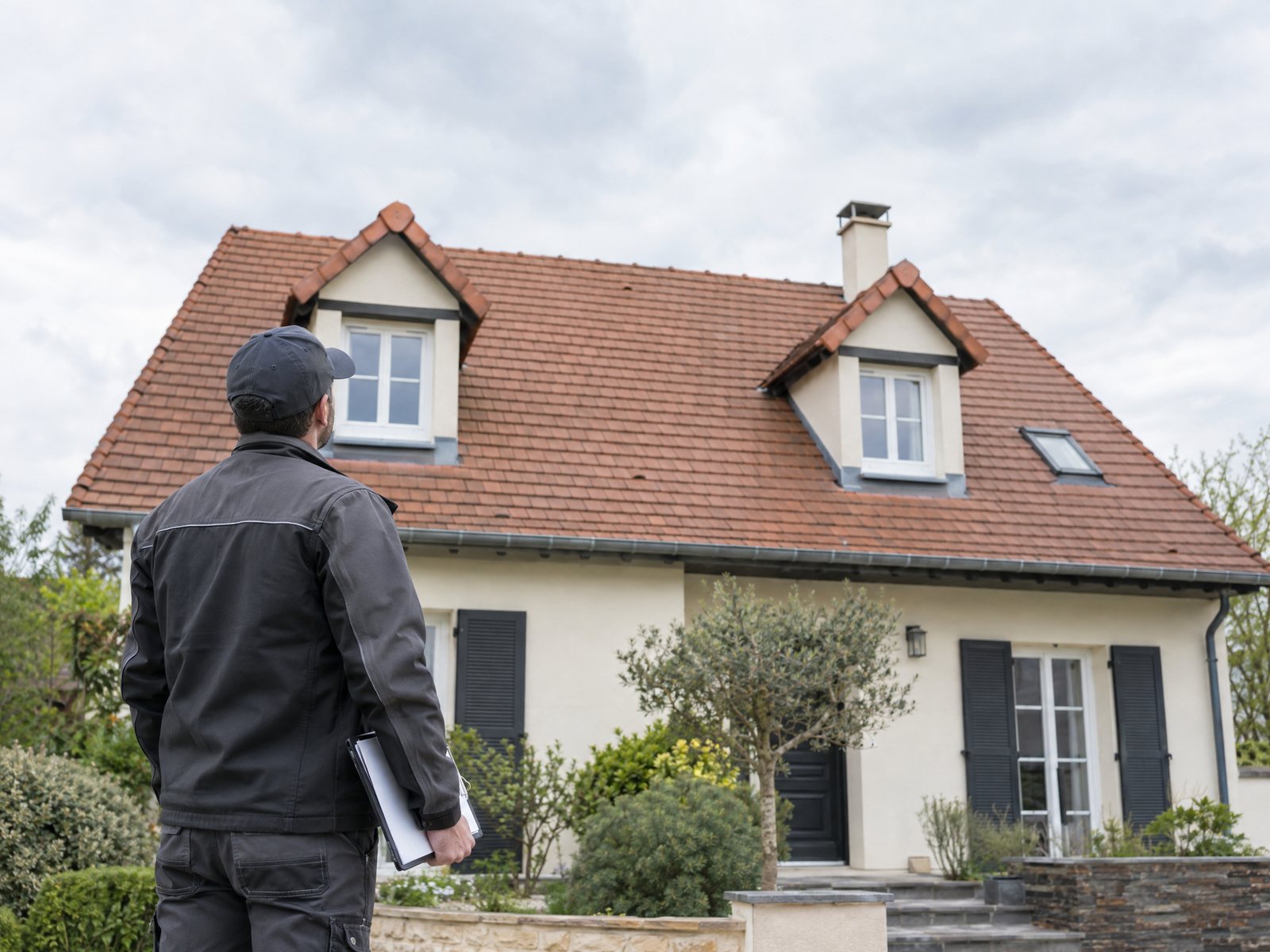 Artisan observant une toiture depuis le jardin d’une maison