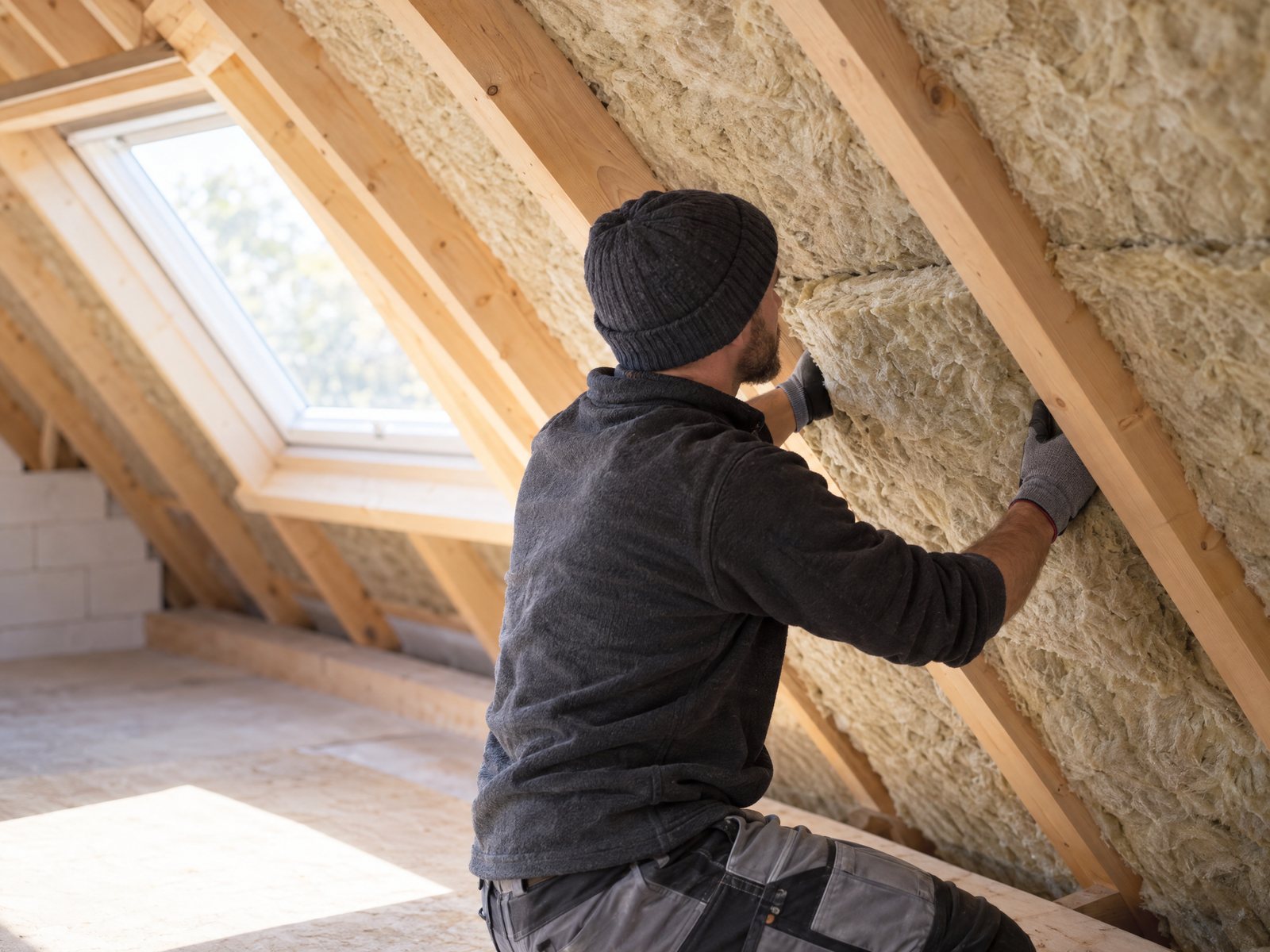 Artisan posant une isolation entre les chevrons de combles