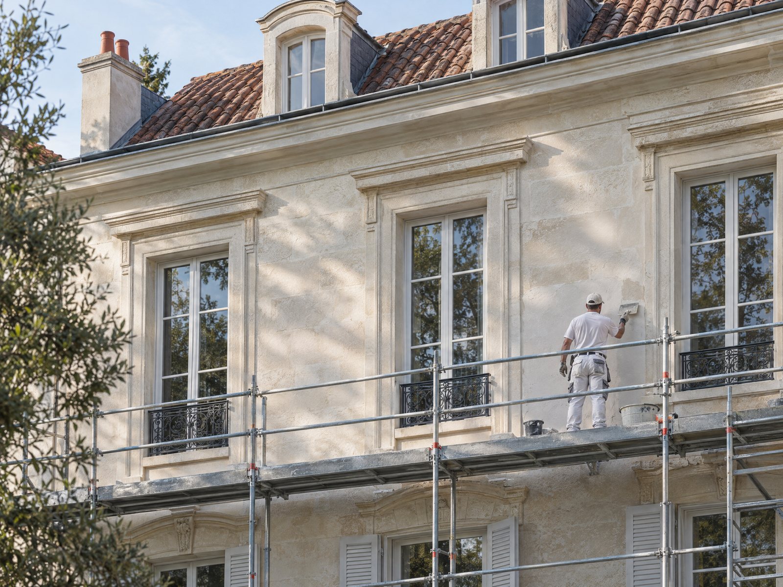 Ravalement d’une façade claire sur échafaudage sécurisé